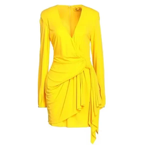 Dundas Yellow Beau Faux Wrap Long Sleeve Plunging V Neck Mini Dress Size 2 - Picture 4 of 13